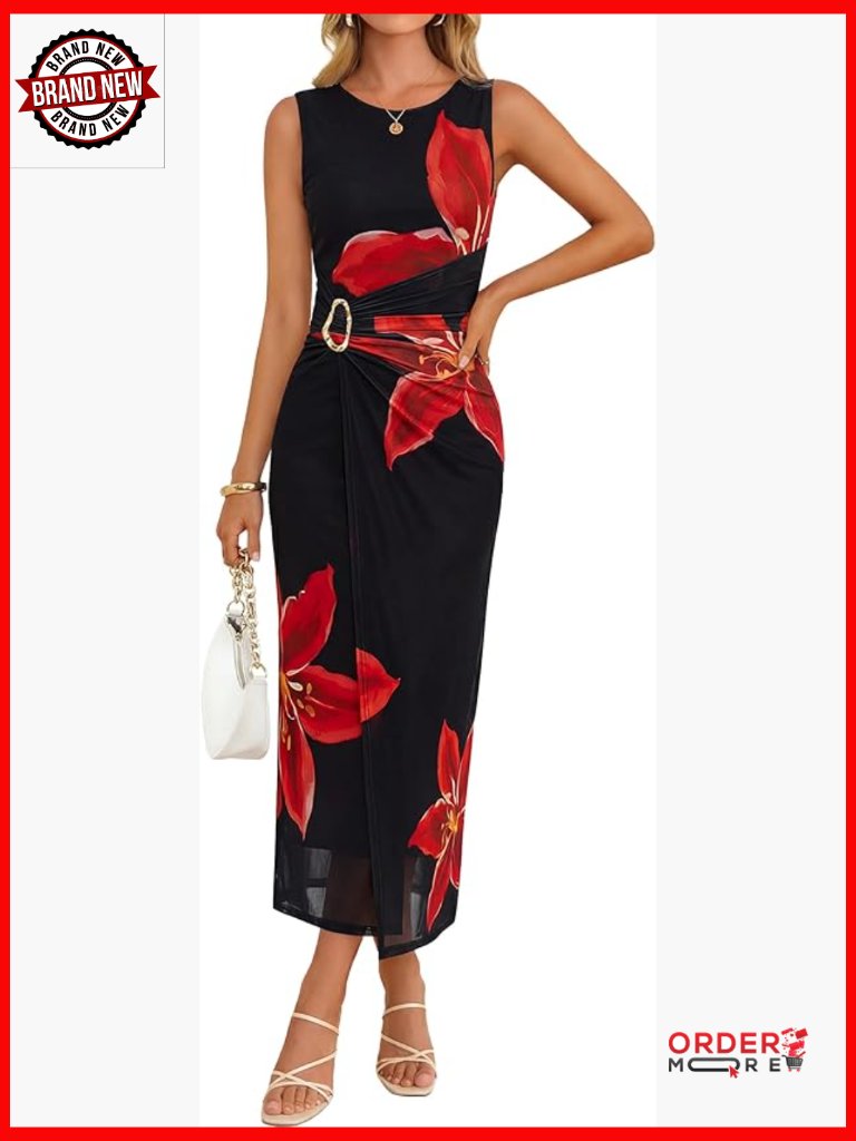 Floral Bodycon Midi Dress Sleeveless Crewneck Ruched Wedding Guest